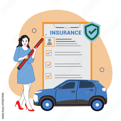 Woman with pen points to car insurance document with shield icon representing protection and safety vector
