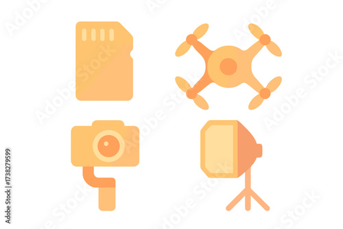 Modern photography and videography equipment icons including drone camera stabilizer and studio light
