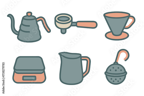 Modern collection of coffee and tea brewing equipment and accessories for home use