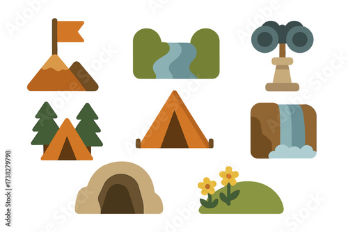 Outdoor adventure and nature elements set for camping and hiking activities