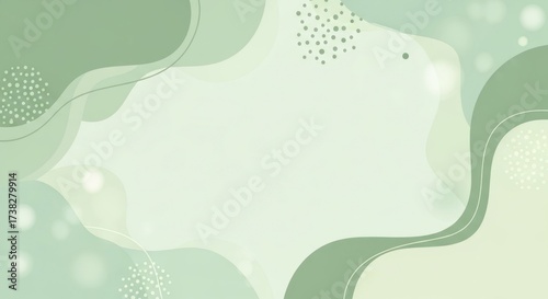 A green and white abstract background with abstract shapes and dots.