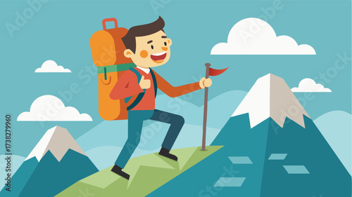 A solo hiker grinning as they reach the summit of a challenging mountain hike.. Vector illustration