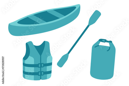 Canoeing equipment set with paddle, life vest, and dry bag for water sports