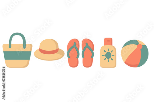 Summer beach vacation essentials set with hat, bag, flip-flops, sunscreen, and ball