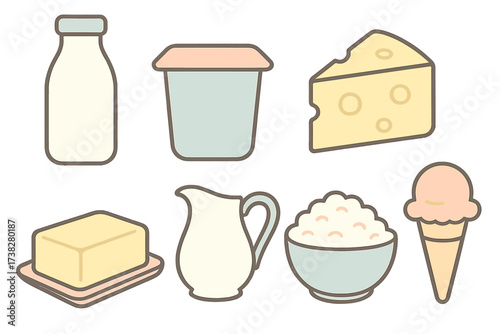 Collection of various fresh dairy products including milk, cheese, butter, and yogurt