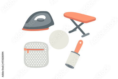 Common household items for laundry and clothing care including an iron and ironing board