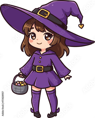 Adorable little witch girl in purple Halloween costume with candy basket, cute cartoon character illustration for festive holiday design