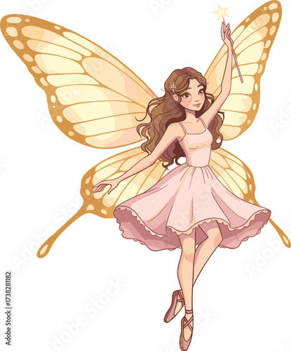 Beautiful fairy girl with golden butterfly wings holding magic star wand, elegant fantasy illustration in pink dress for enchanting design