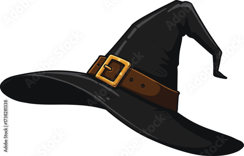 Black witch hat with golden buckle, Halloween costume accessory, spooky wizard hat illustration, gothic fantasy design, traditional pointed magical hat