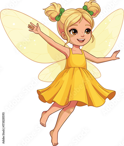 Happy fairy girl with blonde hair wearing yellow dress, flying with magical wings, adorable fantasy character illustration, joyful mystical artwork design
