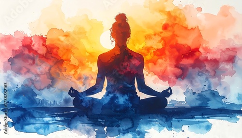 Silhouette of a person meditating in lotus position, with a watercolor sunset and sky backdrop. Colors blend in a dynamic abstract