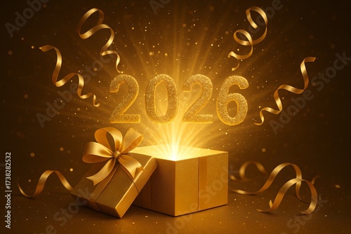 Luxury golden gift box exploding with glittering light rays, digits 2026 flying out in sparkling style, surrounded by festive ribbons. Perfect for holiday, luxury, and party celebrations.