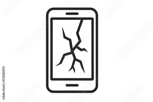 Broken smartphone icon. Cracked screen display. Damaged phone symbol. Mobile device repair service concept. Cellphone accident. Gadget problem. Shattered glass. Fix electronics.