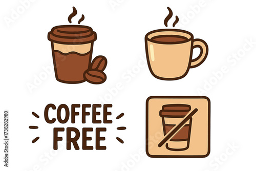 Coffee vector icon set for cafe menu. Includes take away cup, hot mug, roasted beans, free coffee text and no coffee sign. Flat simple cartoon illustration for sticker.