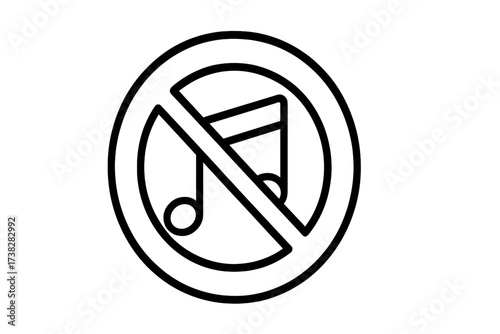 No music allowed icon. Keep silence symbol. Sound off pictogram. Forbidden noisy sign. Quiet zone vector illustration. Music prohibited symbol for public places. Do not disturb.