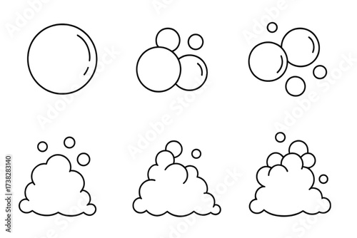 Bubble and foam thin line vector icon set. Editable stroke cartoon illustration. Soap suds, water lather, and fizzy pop collection on a transparent background. Clean concept.