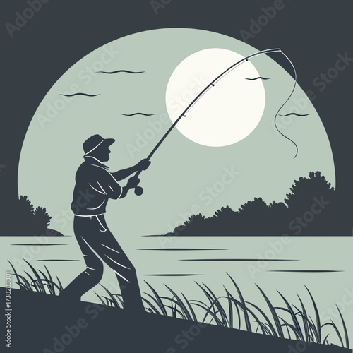Fisherman silhouette casting fishing rod with moon background in vector format