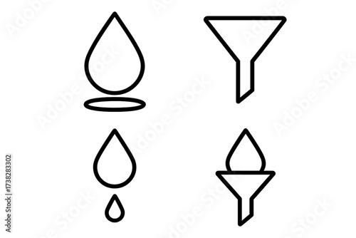 Funnel and drop line icons for filtration concepts. Water and oil purification symbol set. Vector graphic for science, laboratory, chemistry, technology, and industry design.