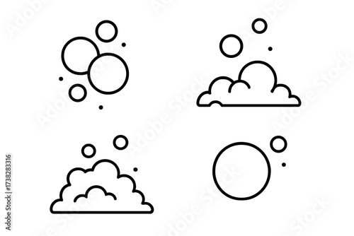 Bubble and foam linear icon set. Soap suds and lather vector illustration collection. Simple outline sign for cleaning, hygiene, laundry. Fizzy drink, water, effervescent.
