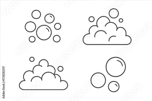 Bubble and foam linear icon set. Simple thin line vector art of soap suds, fizzy water, and effervescent effects. Clean wash cartoon illustration on transparent background.