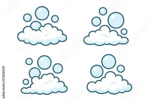 Soap foam and water bubbles vector illustration set. Cartoon lather suds for cleaning, hygiene and bath concept. Fizzy bubble element isolated on transparent background.