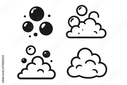 Bubble and foam linear icon set. Soap suds, lather, shampoo, and sparkling water symbols. Simple black and white vector illustration for cleaning and drinks concepts.