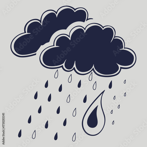 Hand drawn illustration of dark clouds with rain drops on a light background