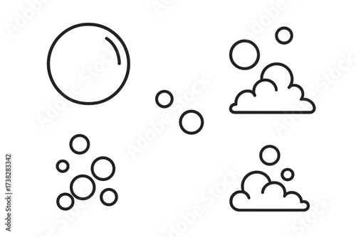 Set of bubble and foam thin line icons. Soap suds, lather, fizzy drink and effervescent water symbols. Minimalist vector for web design, apps, hygiene and cleaning concept.