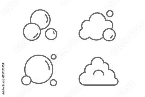 Bubble and foam thin line icon set. Vector collection of soap suds, lather, and fizzy pop symbols. Minimalistic pictograms for cleaning, washing, and carbonated drinks.