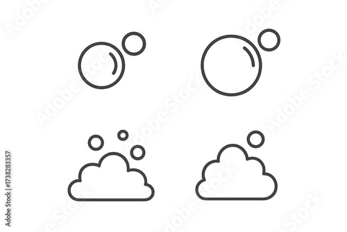 Bubble and foam line icon set. Soap suds and lather concept for cleaning and washing. Minimal vector outline of effervescent liquid. Fizzy pop and water symbols.