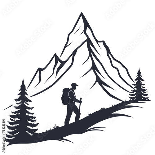 Hiker with backpack trekking on mountain vector