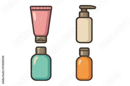 Cosmetic bottle vector icon set for beauty and skincare. Cartoon illustration of product packaging like cream tube, soap dispenser, shampoo bottle for graphic design and apps.