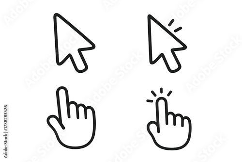 Cursor icon set with hand and arrow pointer for web design. Click and select symbol collection. Vector line art illustration for UI UX interface. Clickable button graphic element.