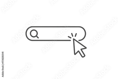 Cursor clicking on search bar. Thin line icon for web, graphic design, app, banner. Vector illustration. Concept of search query, find information, click, UI, UX, data.