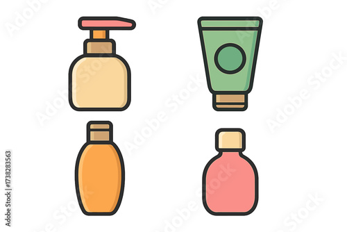Cosmetic bottle icon set. Vector cartoon illustration. Skincare product packaging. Dispenser for liquid soap, shampoo. Tube for cream, gel. Jar for lotion. Beauty graphic element.