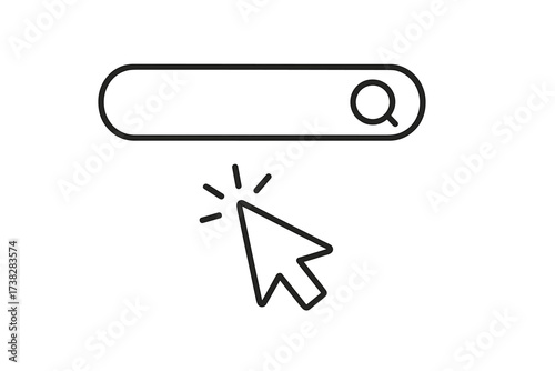 Search bar and clicking cursor vector icon. Minimalist thin outline for web and graphic design, apps. UI UX element with magnifying glass symbol for finding information online.