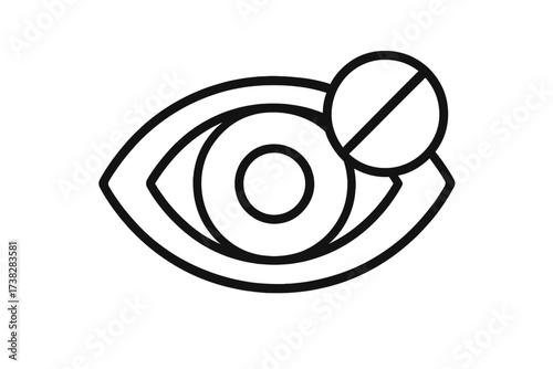 No vision symbol. Blind or visually impaired icon. Metaphor for censorship, privacy and hidden content. Prohibited sign over an eye. Vector outline for sight problems.