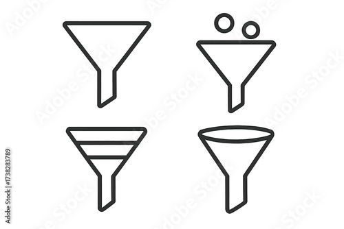 Sales funnel vector icon set. Thin line icons for marketing, data filtering, conversion process, and lead generation. Business infographic element for web and apps.