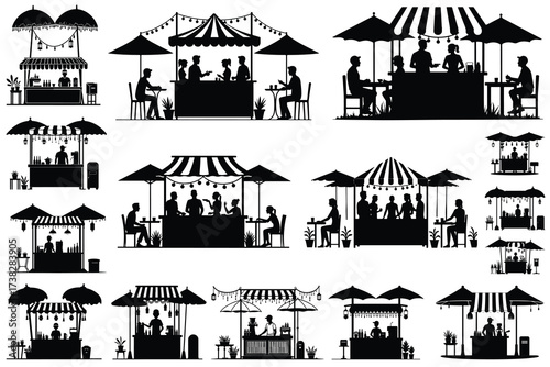 Silhouette food stalls with people and umbrellas market stall