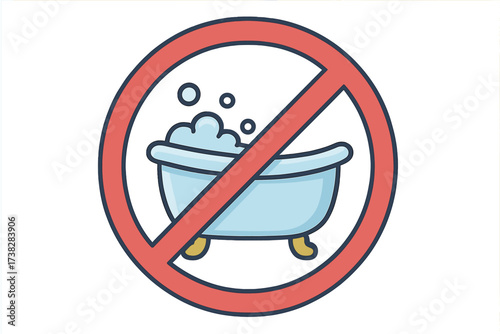 No bathing sign vector icon. Bathtub prohibited symbol. Do not use bath illustration. Water saving concept. Hygiene rules pictogram for public places, websites, and apps.