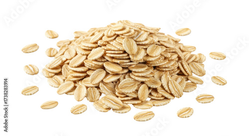 Isolated pile of whole grain oat flakes cereal for breakfast, top view, nutritious food