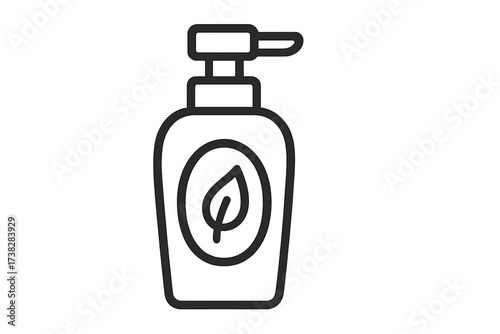 Isolated icon of natural cosmetic bottle with leaf symbol. Organic pump dispenser for soap, lotion, shampoo. Eco-friendly, plant-based skincare packaging vector illustration.