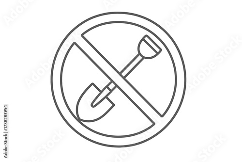 No digging vector line icon. Shovel prohibited sign. Digging forbidden symbol. Stop ground work, excavation, and gardening warning. Do not dig area pictogram illustration.