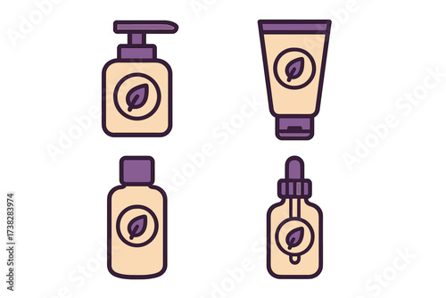 Natural cosmetic packaging icon set. Vector line art of organic skincare bottles. Includes pump, tube, and dropper for serum or cream. Beauty product container mockups.
