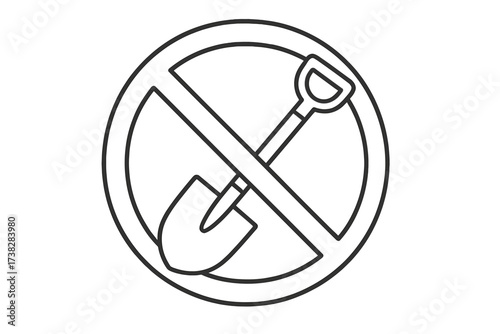 No digging prohibited sign. Do not dig vector line icon. Shovel inside a stop circle symbol. Forbidden excavation or ground work concept. Warning linear cartoon illustration.
