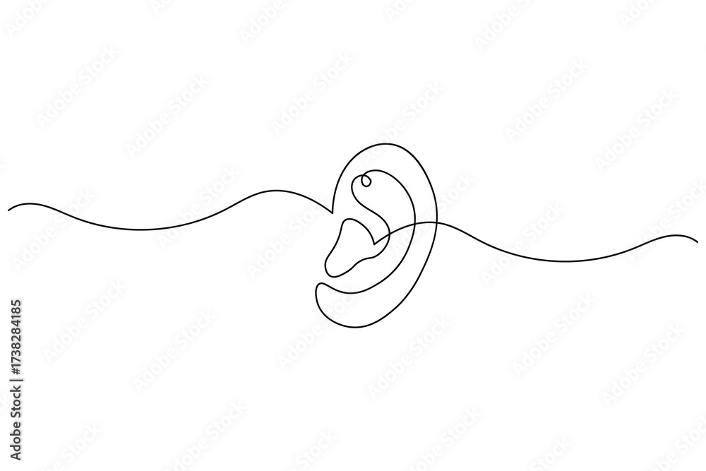 Obraz premium Minimalist continuous one line drawing of a human ear with sound waves, symbol of hearing, listening, and communication