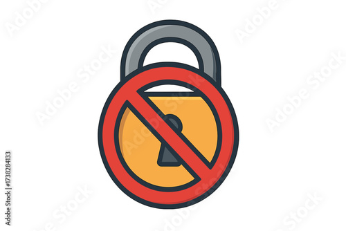 No lock, prohibited access icon vector. Restricted area, blocked, and forbidden sign. No entry symbol. Security risk, warning, and danger concept. Unlocked, unsafe pictogram.