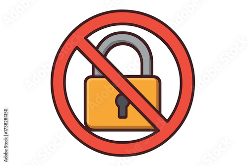 No lock icon. Prohibited access symbol. Padlock with red ban sign. Concept of restriction, forbidden entry, and no security. Access denied. Unsafe, unlocked zone.