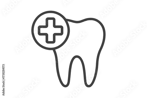 Dental care medical logo. Tooth and cross icon for dentistry clinic or stomatology. Healthy tooth symbol for dental treatment, protection, and insurance. Vector line art.