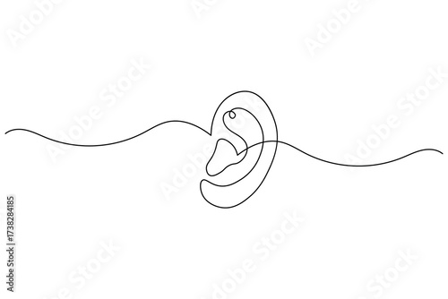 Minimalist continuous one line drawing of a human ear with sound waves, symbol of hearing, listening, and communication